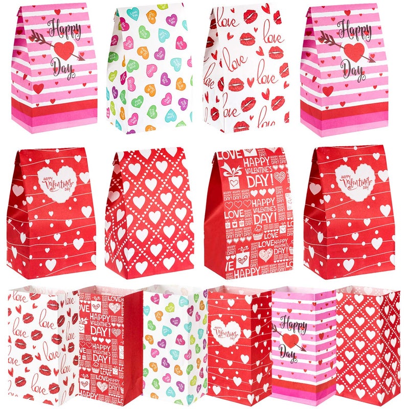 Whaline 60 Pack Valentines Day Paper Gift Bags Heart Love Bags for Valentine Party Favors Classroom Galentines Day Sweetest Day Goodies and Treats